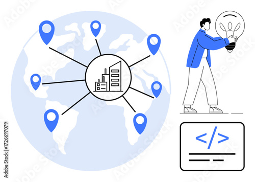 Blue map with location markers connected to a city hub, man holding lightbulb, and coding tag. Ideal for innovation, business, globalization, digital tools, coding, development problem-solving