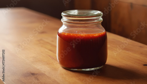 Sauce jar mockup on wooden table with rich red sauce inside  