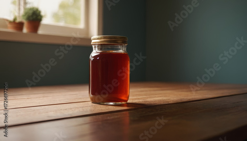 Sauce jar mockup on wooden table with natural light and green wall  
