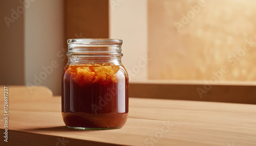 Sauce jar mockup with chunky sauce on wooden table background  