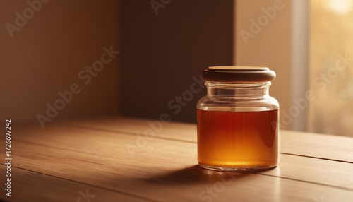 Sauce jar mockup on wooden table with warm lighting  