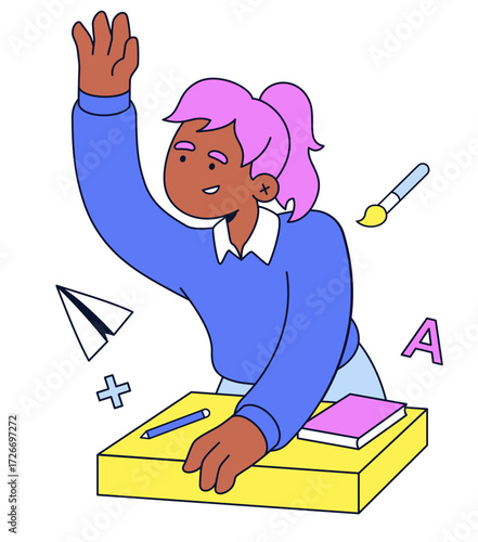 Student raising hand at desk, School education and active learning