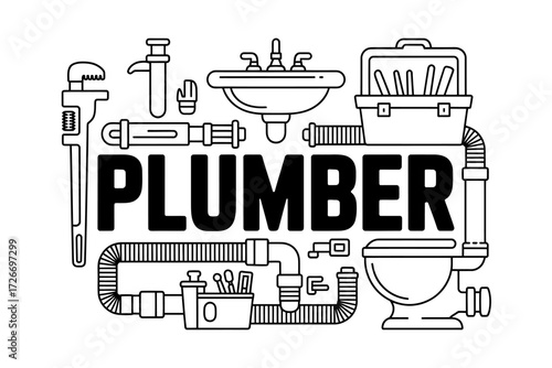 Black and White Plumber Illustration with Tools and Fixtures Perfect for Plumbing Services Advertising and Marketing Campaigns