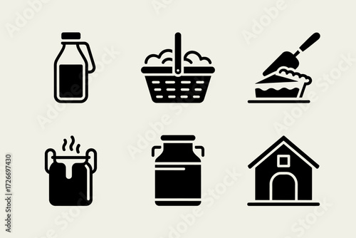 Vintage Farmhouse and Picnic Delights Monochrome Icons Representing Fresh Milk Pie and Country Life