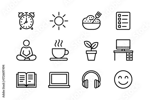 Daily Routine Icons Set Representing Wellness Productivity and Balanced Lifestyle with Alarm Clock Sun Healthy Food Meditation Coffee Plant Workspace Book Laptop Headphones and Smiley Face