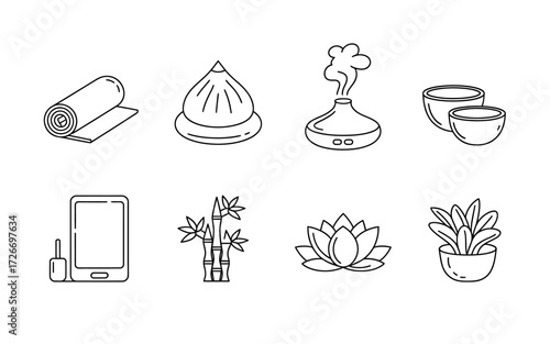 Line Art Wellness and Relaxation Icons for Spa Yoga and Meditation Centers Promoting Holistic Health and Wellbeing