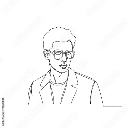 Young man in glasses wearing a blazer in minimalist line art style  