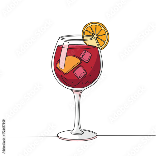 Sangria cocktail glass with ice and orange slice on white background  