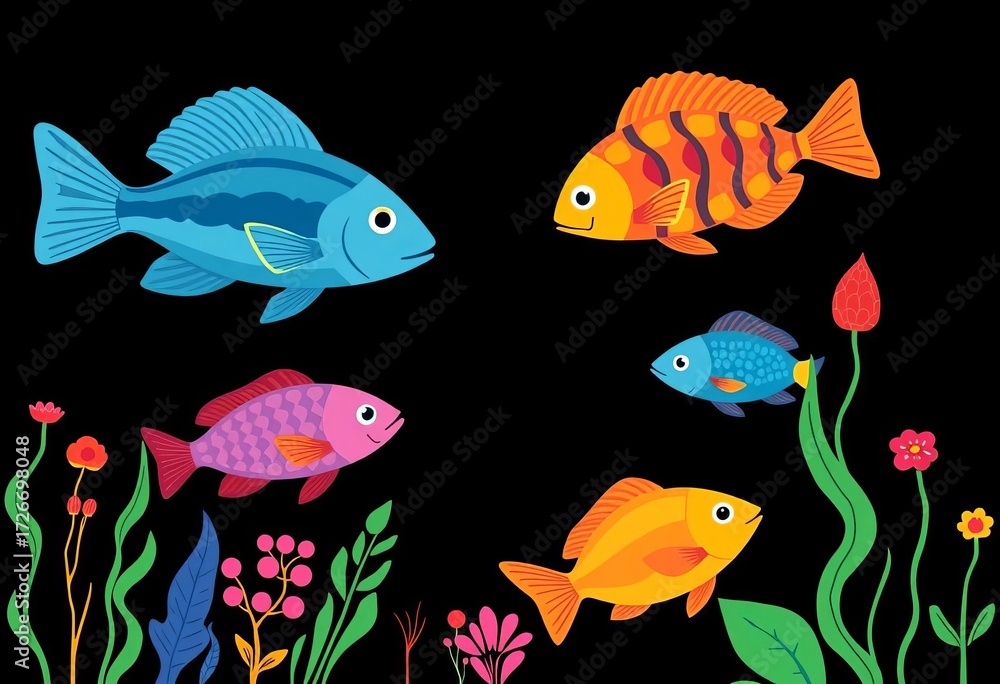 Naklejka premium Vibrant stylized fish & aquatic plants, black background , pattern, texture