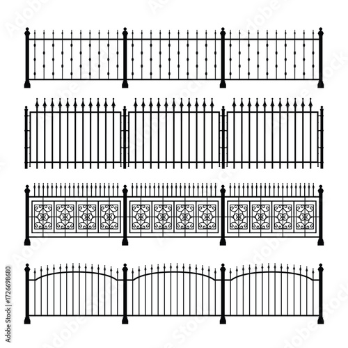 Set of four wrought iron fence designs in black and white on a clean white background. Features vertical bars, pointed tops, floral patterns, arches, and decorative finials in graphic style.