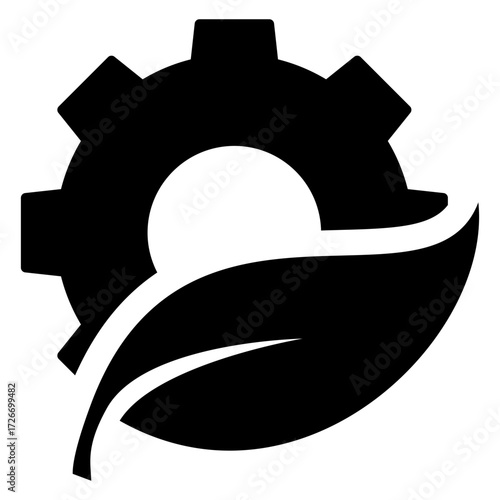 Logo industria ecológica. Icono silueta de engranaje con hoja de planta