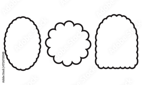 Scalloped outline shapes icon. Black outline set of three scalloped shapes including oval, flower and arch designs, useful for decoration, frames, or labels.
