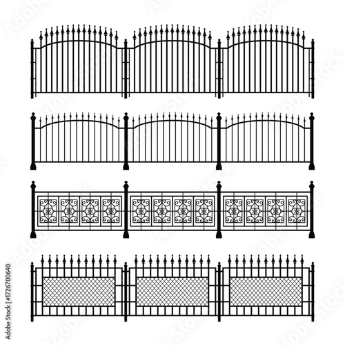 Set of four wrought iron fence designs in black and white on a clean white background. Features vertical bars, pointed tops, floral patterns, arches, and decorative finials in graphic style.