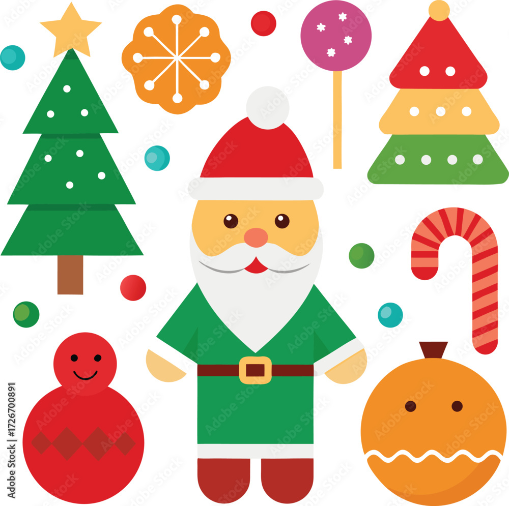 Fototapeta premium Vector art of whimsical flat illustration showcasing santa claus alongside christmas trees, a lollipop, candy cane, and festive elements