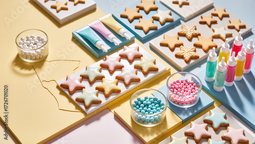 Creative cookie decorating fun with pastel colors and festive shapes