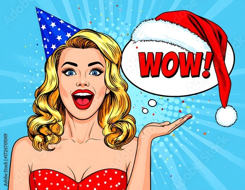 Pop art woman with Christmas hat, celebrating