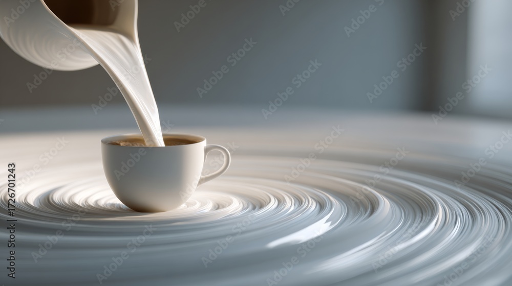 Obraz premium A serene image of creamy milk being poured into a white cup, creating beautiful swirling patterns on a smooth surface.