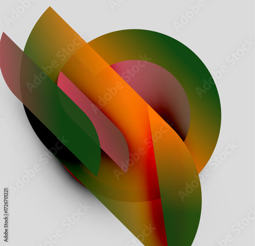 Abstract composition. Overlapping shapes create dynamic visual interest. Warm, cool colors blend, forming complex forms. Modern design.