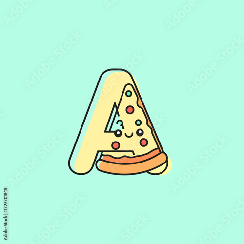 A cute, cartoon letter 'A' designed as a smiling slice of pizza with toppings on a turquoise background.