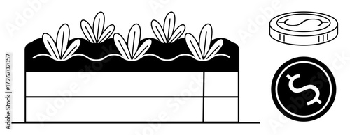 Plants growing from soil layers alongside coins, portraying investment, sustainability, and financial empowerment. Ideal for growth, business, eco-economy, investment, sustainability profit