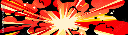 Red anime comic burst background with explosive radial rays and halftone patterns - dynamic action effect with clouds and energy waves for manga panels. Bold impact design for superhero or fight scene