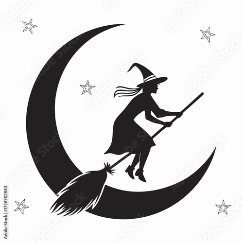Silhouette of a witch flying on a broomstick against a large full moon