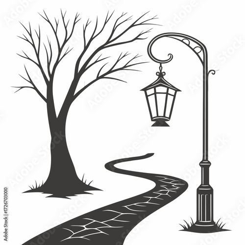 Eerie glowing lanterns illuminate a winding path through a mysterious foggy landscape at night