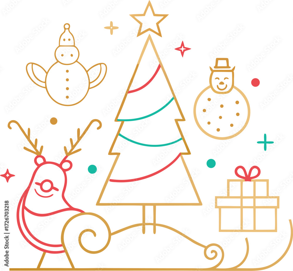 Fototapeta premium Vector art of minimalist line art illustration of a christmas tree, reindeer, sleigh, gifts, and snowmen with a festive theme