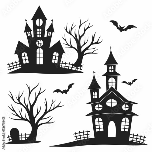 Collection of spooky halloween haunted house silhouette icons for design projects