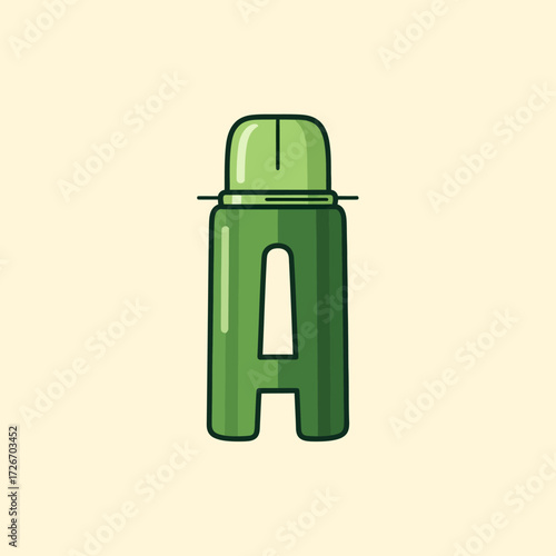 A stylized green thermos bottle shaped like the letter A, with a cap on top and a cutout in the middle.