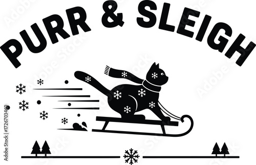 Purr & Sleigh Logo – Cat in Scarf Riding Sleigh with Snowflakes, Motion Lines, and Festive Winter Elements