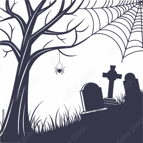 Eerie graveyard scene with multiple weathered tombstones shrouded in atmospheric fog