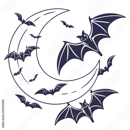 Mysterious crescent moon with a circular formation of flying bats against a dark night sky