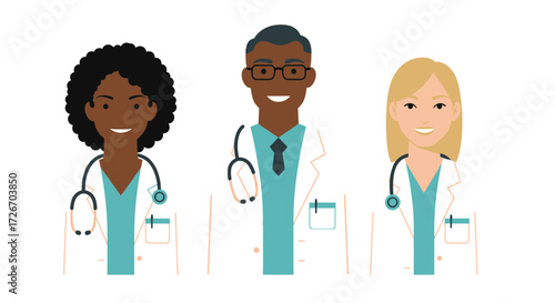 Diverse medical professionals in crisp white coats with stethoscopes offer compassionate care and expertise for your healthcare projects.