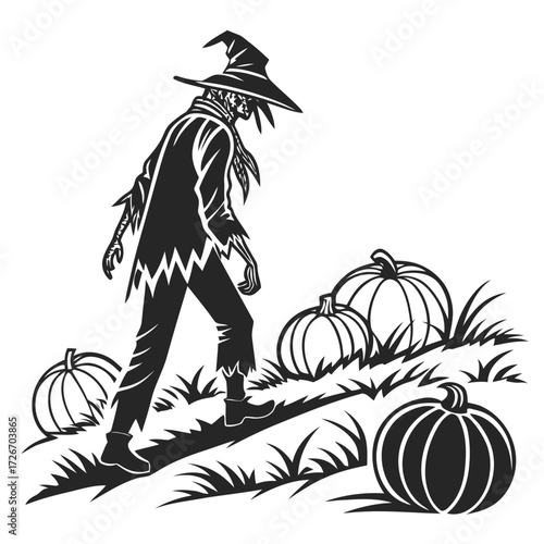 Spooky scarecrow with ragged clothes stands in a vibrant pumpkin patch at night