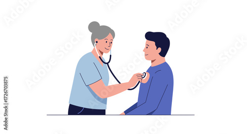 Caring doctor with stethoscope examining young patient, promoting health and wellness in a modern clinical setting