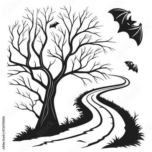 Mysterious twisted forest path with hanging bats silhouetted against a dark eerie sky