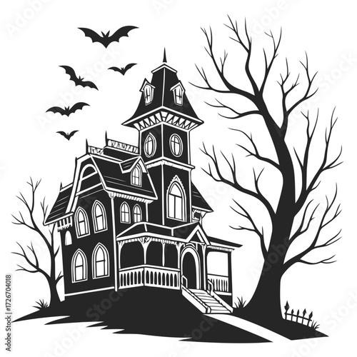 Creepy haunted mansion with crooked towers and a flying bat illustration