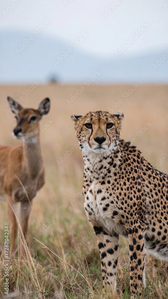 Obraz premium Cheetah standing beside deer in savanna