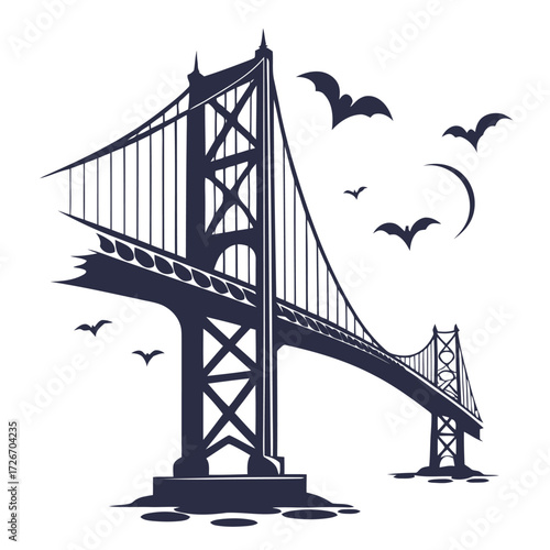 Spooky haunted bridge silhouette with fog and bats perfect for halloween themes