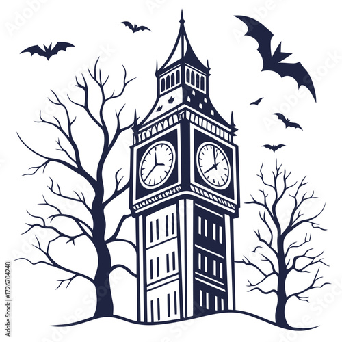 Spooky haunted clock tower with a broken face and a fly illustration