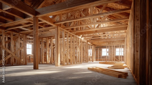 Wallpaper Mural Bright and airy wooden interior of a partially constructed building, showcasing raw timber framing and natural light pouring in. Torontodigital.ca