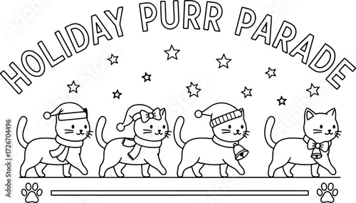 Holiday Purr Parade Logo – Cartoon Cats in Festive Attire with Stars, Paw Prints, and Bold Christmas Typography