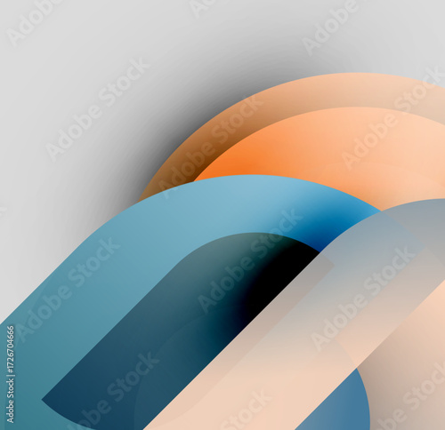 Abstract layers overlap, creating soft gradients. Peach, blue hues dominate composition. Minimalist design evokes depth, movement.