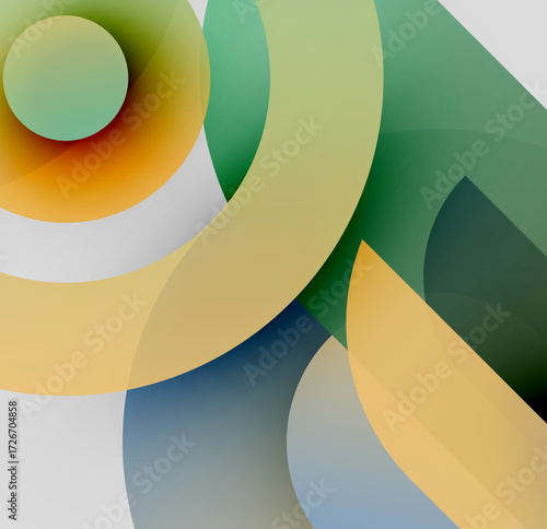 Abstract composition featuring overlapping circles, gradients. Colors include orange, green, yellow, blue, white. Minimalist design, soft textures.