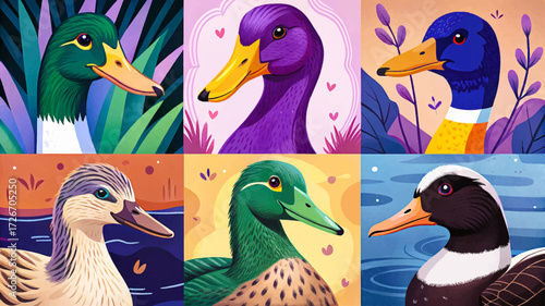 Duck vector set collection including Mallard, Pekin, Muscovy, Rouen, and Cayuga ducks, swimming and standing, representing avian diversity, waterfowl beauty, and natural harmony