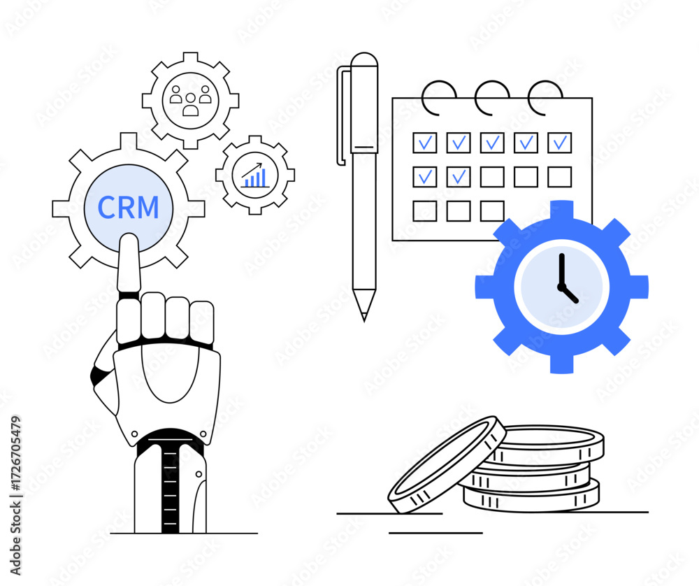 Fototapeta premium Robotic hand touches CRM gear amidst settings for tasks, time, money, and performance. Ideal for automation, productivity, task management, CRM tools, AI integration time tracking and goal