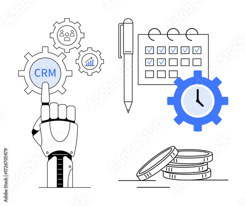 Robotic hand touches CRM gear amidst settings for tasks, time, money, and performance. Ideal for automation, productivity, task management, CRM tools, AI integration time tracking and goal