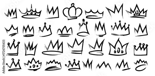 Crown doodle collection with royal hand drawn sketches for king and queen symbols. Black ink graffiti style headpieces with spikes and gems designs. Simple monarchy icons for decorative elements.