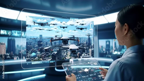 Woman controls drone swarm over city, futuristic control room